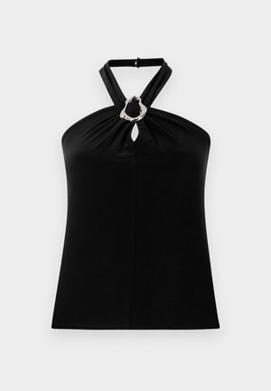 Μαύρο τοπ με λαιμόκοψη halter, ασημένιο στρογγυλό κούμπωμα και λεπτομέρεια κλειδαρότρυπας στο κέντρο μπροστά, λείο ύφασμα, εφαρμοστή γραμμή.