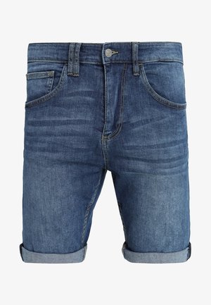 Herre blå denimshorts med opkrøllede manchetter, frontknap, lynlås, bæltestropper og sidelommer.