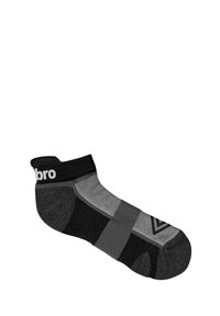 Chaussette de cheville noire et grise avec un design à motifs, sections en maille et talon renforcé. Dispose d'un bord supérieur de marque.