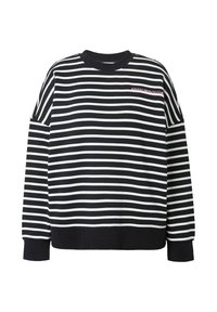 Sweat-shirt rayé noir et blanc à manches longues, avec poignets et col côtelés. Orné de la broderie "SUNDAY BRUNCH CLUB" en rose.