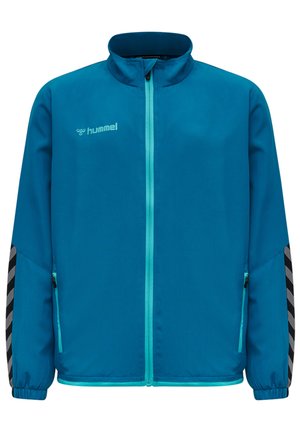 Aqua kleurige zip-up jas van lichtgewicht materiaal, met zwarte en grijze diagonale strepen op de mouwen en zijzakken met elastische manchetten.