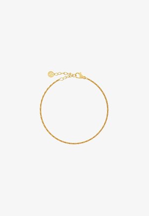 Gold-tone bracelet with a textured, slender design. Features a lobster clasp and adjustable chain for sizing. Simple and elegant.