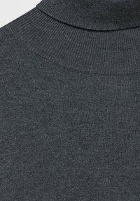 Grijze sweater met een hoge hals, voorzien van een zachte, ribbelachtige textuur. De stof is gemaakt van een mediumgewicht breiwerk en heeft een aansluitende kraag.