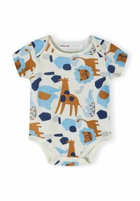 Short-sleeve onesie in light beige cotton featuring a colorful animal print with lions, giraffes, and elephants. Snap closures at the bottom.