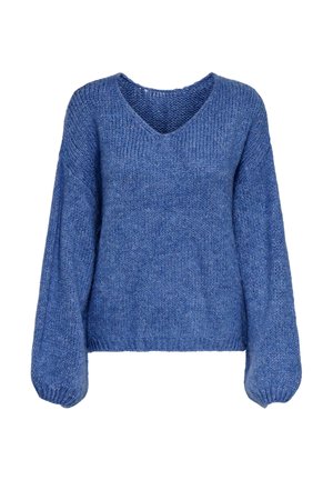 Soft blue knitted sweater with long balloon sleeves and a V-neckline, featuring ribbed cuffs and hem.