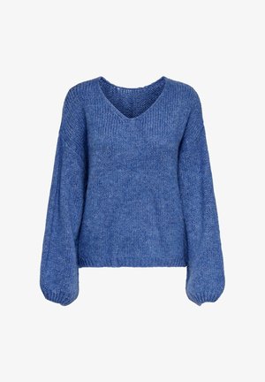 Mīksts zils adīts džemperis ar gariem balona piedurknēm un V formas izgriezumu, ar ribotiem aproču un apakšmala.