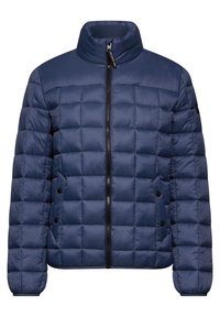 Navy blue quilted jacket with a high collar, zip front, two snap-button pockets, and elastic cuffs. Made from a lightweight, shiny fabric.