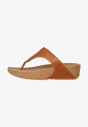 Braune Lederflip-Flopsandalen mit einem breiten Riemen, gepolsterter brauner Außensohle und einem leichten Keilabsatz für zusätzlichen Komfort und Höhe.