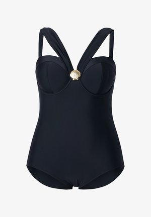 Maillot de bain noir une pièce avec de larges bretelles, des bonnets moulés et un accent en coquillage doré au centre. Fabriqué en matériau lisse et extensible.