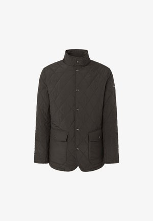 Chaqueta acolchada de color verde oscuro con cuello alto, cierres a presión en el frente y dos bolsillos inferiores. Patrón de diamante texturizado en toda la superficie.