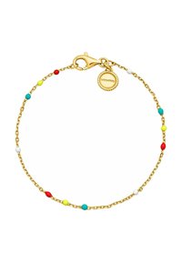 Pulsera de cadena de oro con cuentas coloridas en rojo, amarillo, azul y blanco, con un cierre de langosta y un charm redondo de marca.