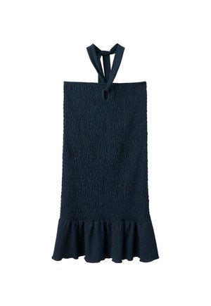 Robe bleu marine texturée sans manches avec un lien au cou et un ourlet à volants.