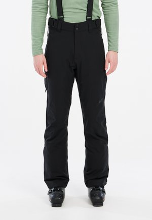 Pantalons de ski noirs avec bretelles ajustables, une texture lisse et une coupe décontractée. Comprend des poches latérales et un logo discret.