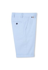 Shorts ajustés bleu clair avec un ourlet revers, comportant une poche arrière avec un bouton et une texture tissée subtile.