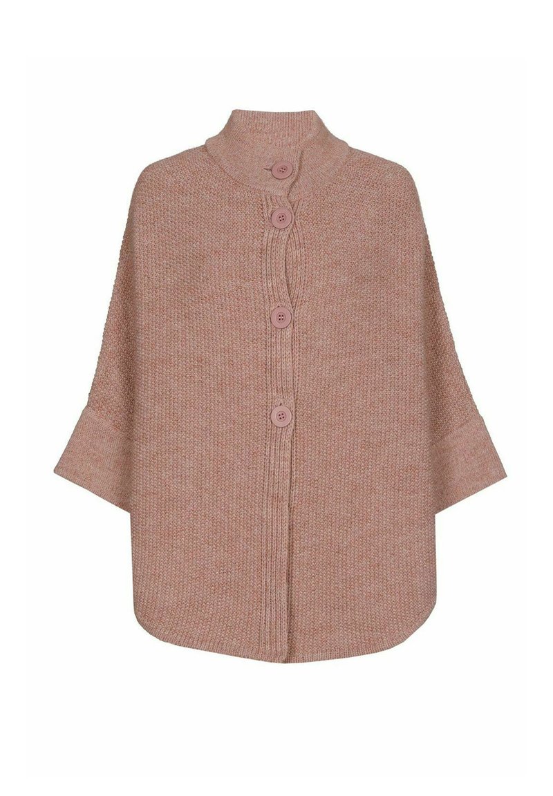 Langsleeve gebreide poncho in zacht roze met een hoge kraag en vijf knopen aan de voorkant. Gestructureerde stof met een losse, gedrapeerde silhouet.
