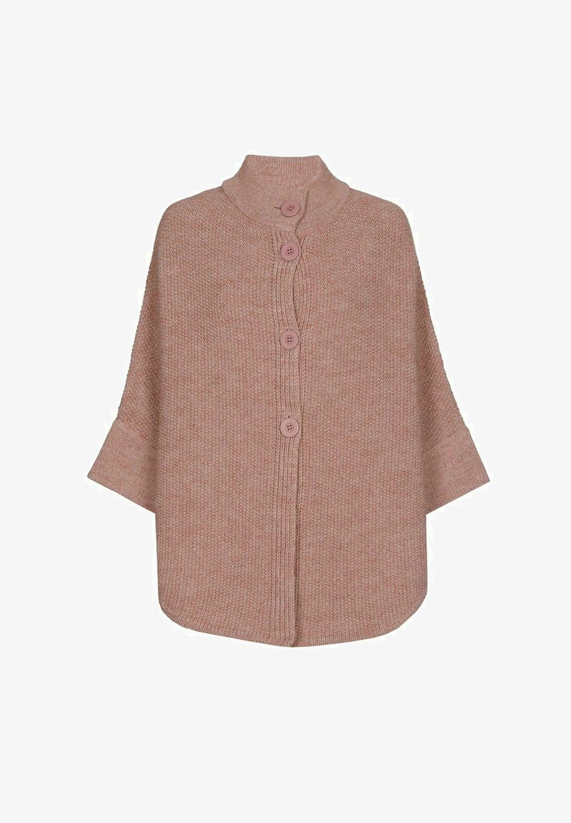Langsleeve gebreide poncho in zacht roze met een hoge kraag en vijf knopen aan de voorkant. Gestructureerde stof met een losse, gedrapeerde silhouet.