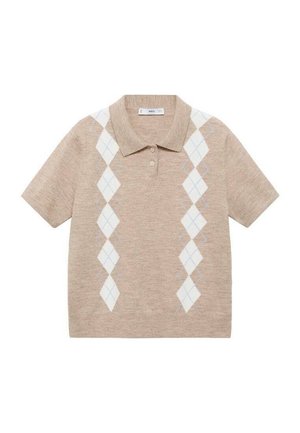 Beige polo shirt met korte mouwen van breiwerk, versierd met witte en lichtblauwe ruitpatronen aan de voorkant en twee knopen bij de kraag.