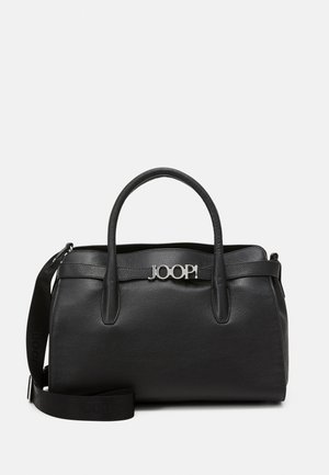 Black leather handbag with textured surface, dual handles, detachable shoulder strap, and silver logo accent. Spacious and structured design.