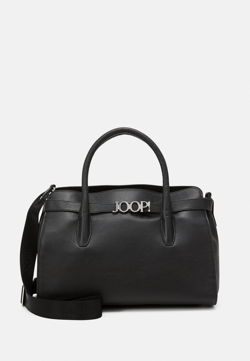 Black leather handbag with textured surface, dual handles, detachable shoulder strap, and silver logo accent. Spacious and structured design.