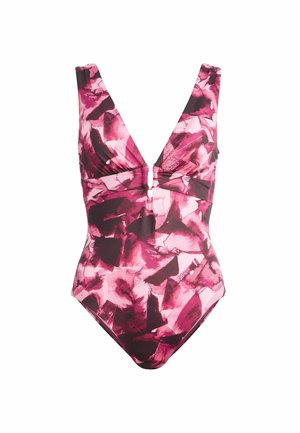 Rosa und schwarz gemusterter Einteiler-Badeanzug mit tiefem V-Ausschnitt, breiten Trägern und einem zentralen Knoten-Detail an der Brust. Glattes, elastisches Material.