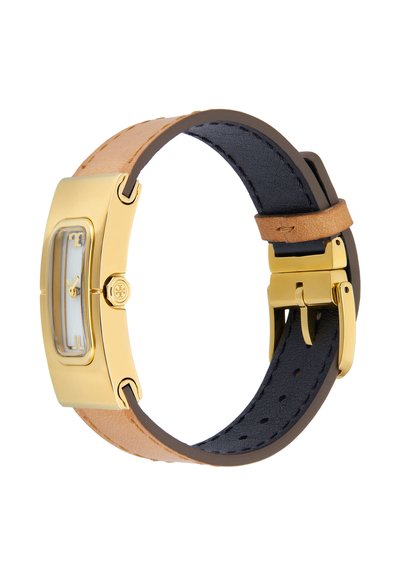 Guld rektangulært ur med beige læder ydre rem og sort læder indre foring, med guld spænde og minimalistisk urskive.