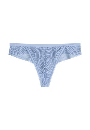 Light blue lace thong with intricate geometric patterns, smooth waistband, and scalloped edges. Made from sheer fabric for a delicate look.