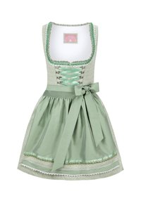 Mint-green dirndl with a fitted bodice, square neckline, lace-up front, and an A-line skirt. Features satin ribbon and decorative trims.