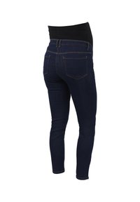 Jeans skinny de color azul oscuro con una cintura alta elástica, que cuentan con dos bolsillos traseros y costuras en contraste. Textura de denim suave.