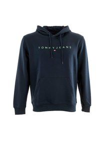Navyblauwe hoodie van een katoenen mix, met een voorzak, verstelbare trekkoordcapuchon en groen "TOMMY JEANS" logo.