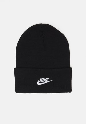 Beanie nero a maglia con risvolto. Presenta un logo Nike bianco ricamato sulla parte frontale. Tessuto testurizzato con una vestibilità aderente.