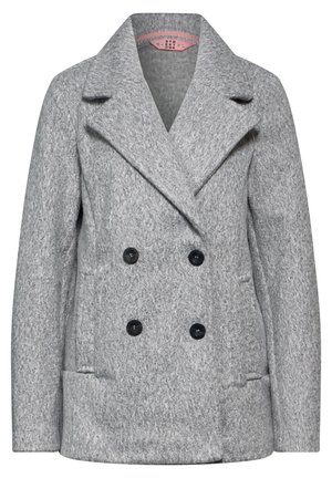 Double-breasted gray peacoat in textured fabric, featuring large black buttons, wide lapels, and two front pockets.