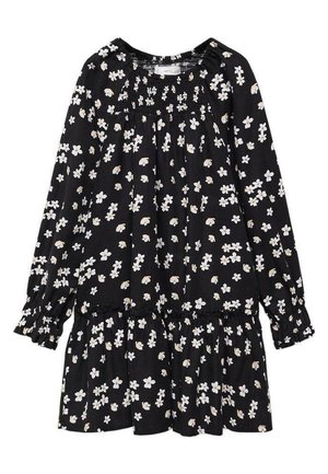 Schwarzes Kleid mit langen Ärmeln, weißem und beigem Blumenmuster, gerafftem Ausschnitt und gestuftem, gerafftem Rock.