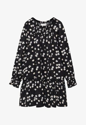 Vestido negro de manga larga con estampado floral en blanco y beige, escote fruncido y falda con volantes recogidos.