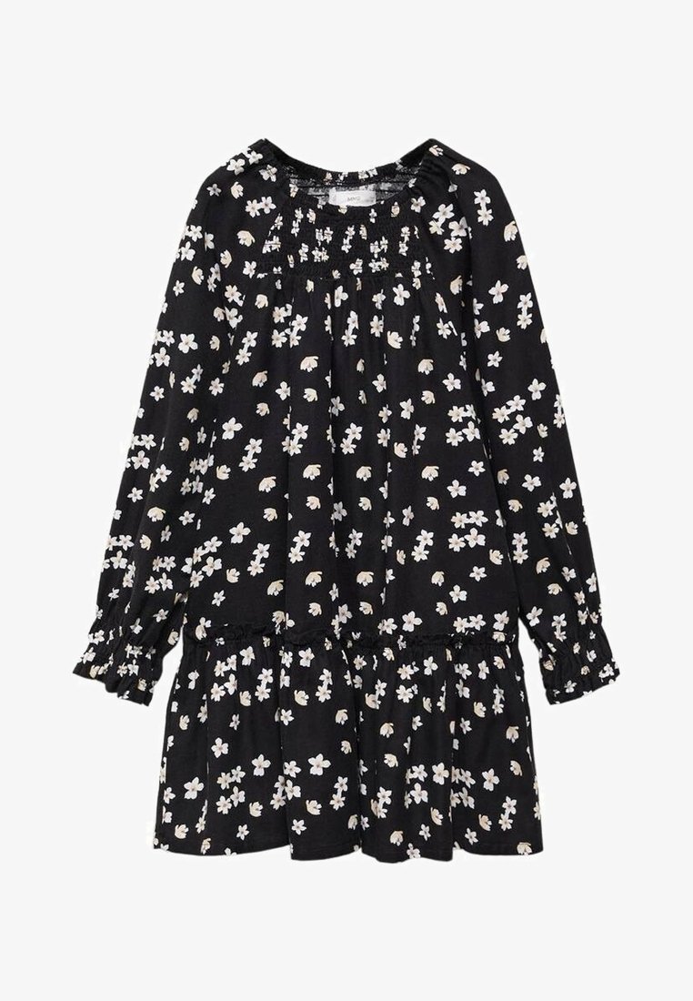 Robe noire à manches longues avec un motif floral blanc et beige, col froncé et jupe à volants froncée.