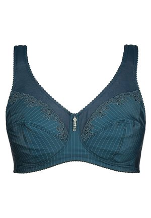 Türkiser BH aus glattem Stoff mit Spitzenakzenten und vertikalen Streifenmustern. Verfügt über breite Träger und einen dekorativen Mittelverschluss.