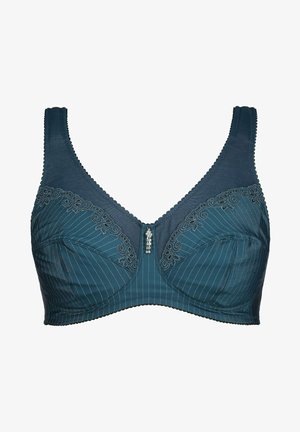 Soutien-gorge en teal fabriqué dans un tissu lisse avec des accents en dentelle et des motifs à rayures verticales. Il présente des larges bretelles et un fermoir décoratif au centre.