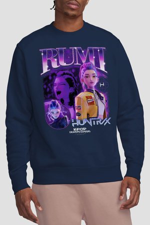 Navy sweatshirt with purple-themed animated female character collage, including close-ups and text reading "RUMI," "HUNTRIX," and "KPOP DEMON HUNTERS."