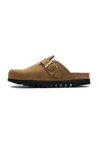 Brown suede clog with a curved shape, buckle detail, cork footbed, and a thick black rubber sole featuring scalloped edges.