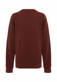 Bordeauxrode trui met een ronde hals, lange raglanmouwen en een gestructureerde stof. Voorzien van geribbelde manchetten en zoom, zonder zichtbare patronen.