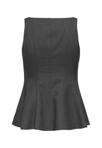 Mørkegrå peplum top med en tætsiddende overdelf, uden ærmer og glat stofstruktur, der har en flagrende kant.