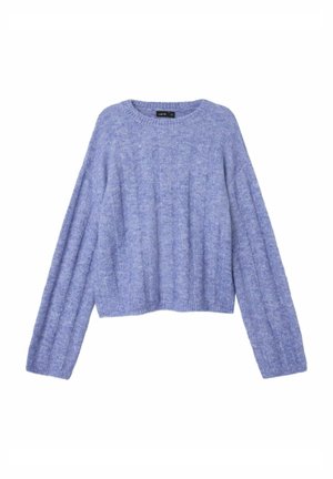 Purple cropped sweater with a ribbed texture, featuring long, wide sleeves and a rounded neckline. Made from soft, lightweight material.