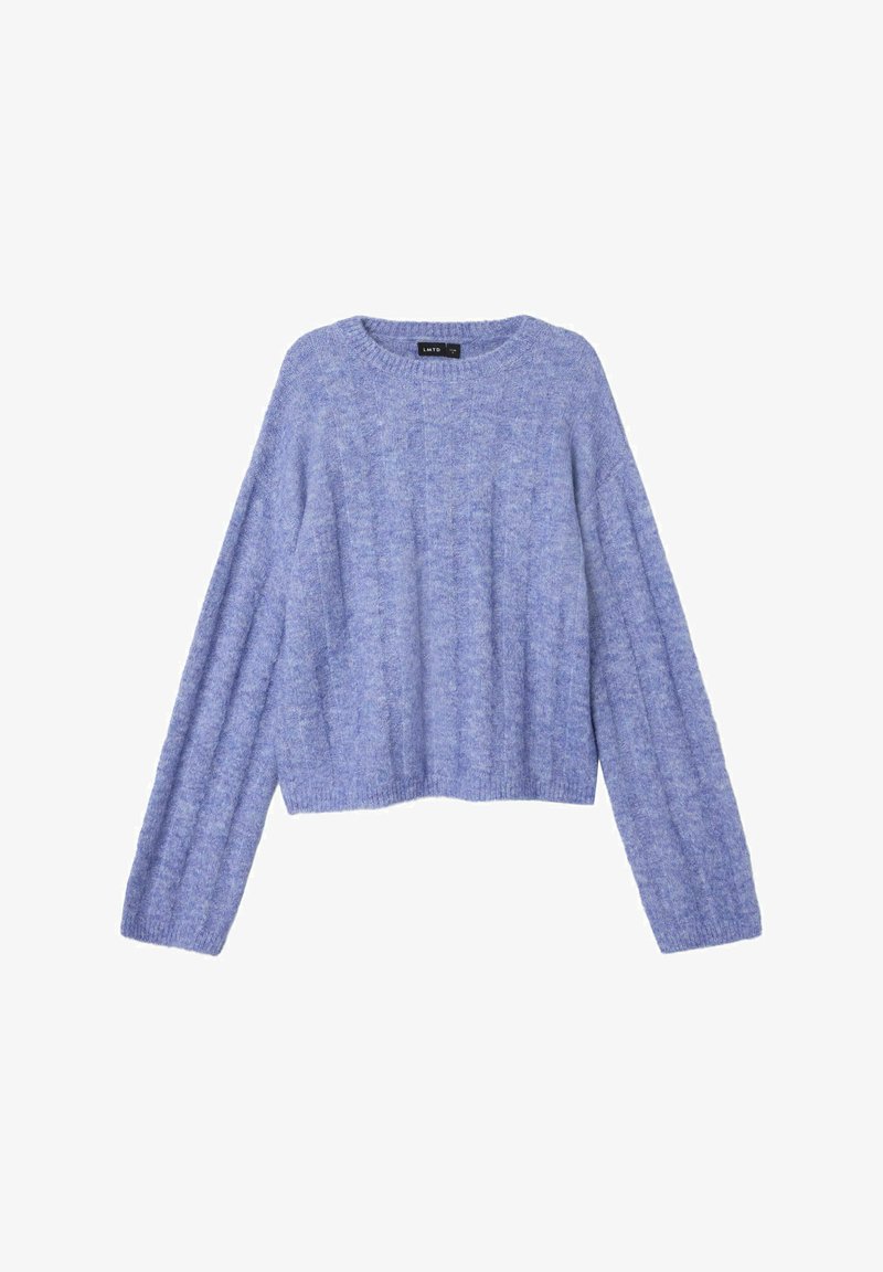 Lila verkürzter Pullover mit gerippter Textur, der lange, weit geschnittene Ärmel und einen runden Halsausschnitt hat. Hergestellt aus weichem, leichtem Material.