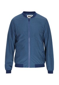 Giubbotto bomber navy con motivo a pois, chiusura con zip, polsini e colletto a coste; realizzato in tessuto leggero e liscio.