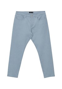 Jeans in denim azzurro chiaro con vestibilità slim, design a cinque tasche e una texture liscia. Presentano elementi in metallo e dettagli cuciti sulle cuciture.