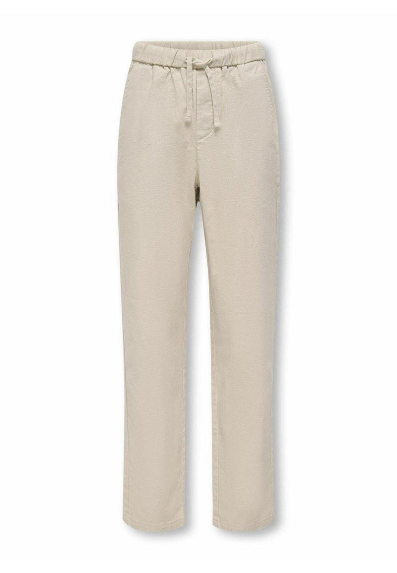 Beige Baumwollmischungshosen mit einem elastischen Bund, Kordelzugdetails und geraden Beinen. Glatte Textur und keine sichtbaren Muster.