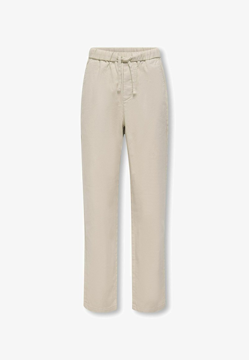 Pantalon en mélange de coton beige avec une taille élastique, un détail de cordon de serrage et des jambes droites. Texture lisse et sans motifs visibles.