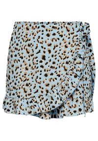 Sukně z lehké modré látky s leopardím potiskem, s volánkovým lemem a detailem na zavazování, s černými a béžovými skvrnami.