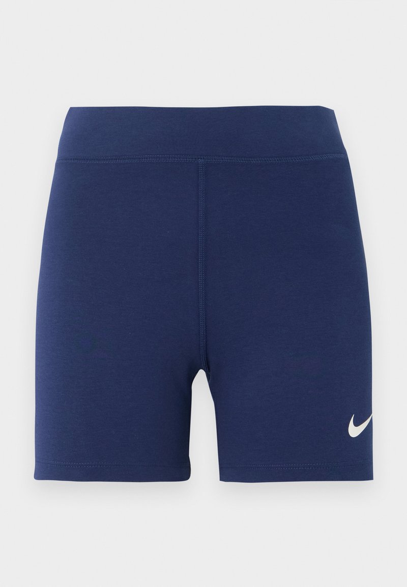 Shorts de sport bleu marine en matériau extensible, dotés d'une large ceinture élastique et d'un logo Nike blanc sur le bas à gauche.