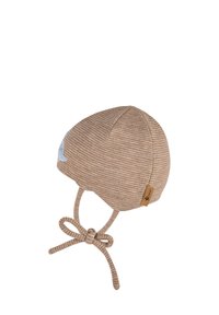 Brown striped infant hat made of soft cotton with ear flaps, tied at the chin, featuring a small logo tag on the side.