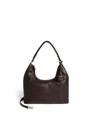 Dark brown leather handbag with braided shoulder strap, zippered top, and detachable side strap with gold-tone clasp.